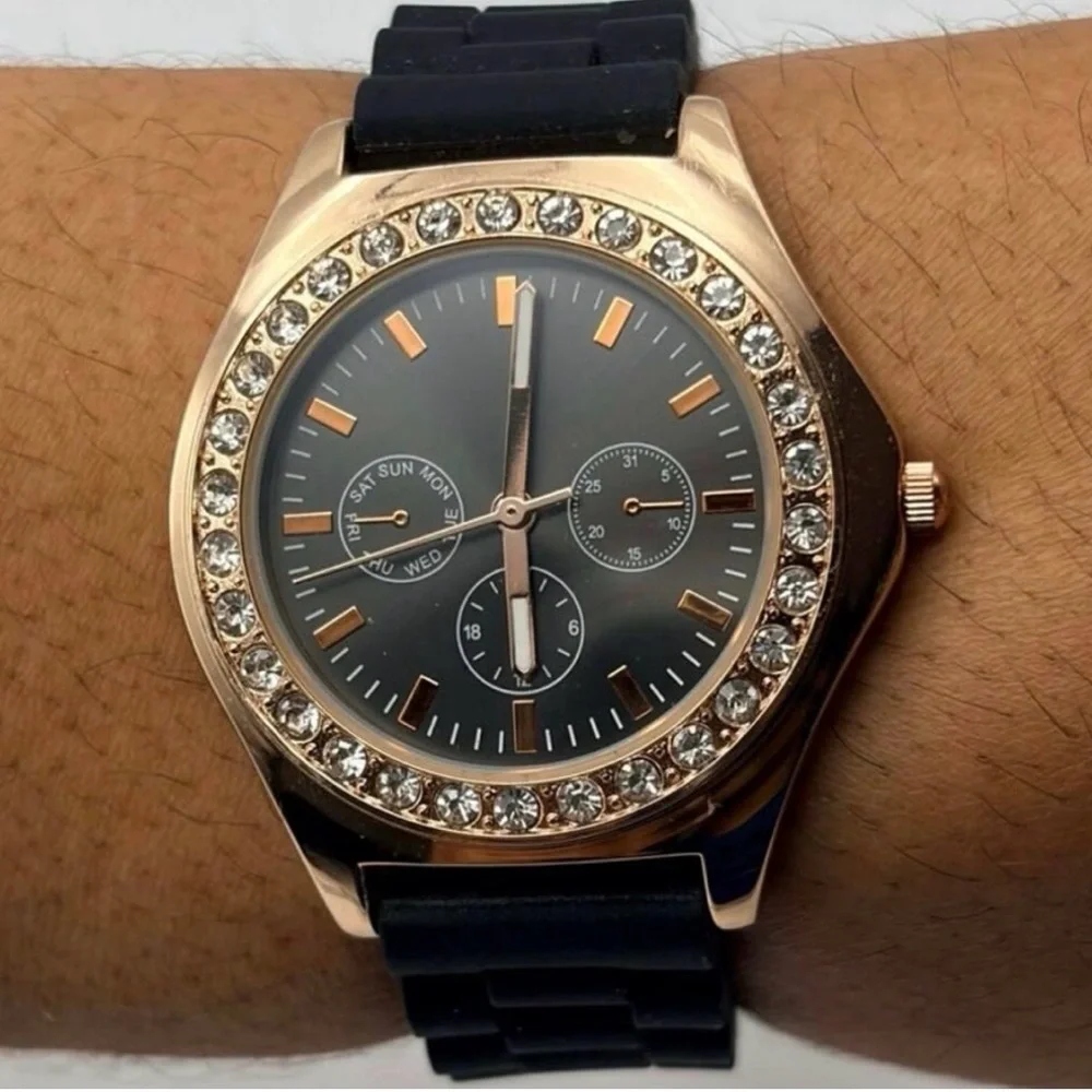 Claire's Black and Rose Gold Watch,Crystal Bezel,Black Face,Jelly Band,OS